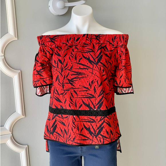 Prabal Gurung Off The Shoulder Printed Eyelet Blouse Size 6 - Picture 3 of 12